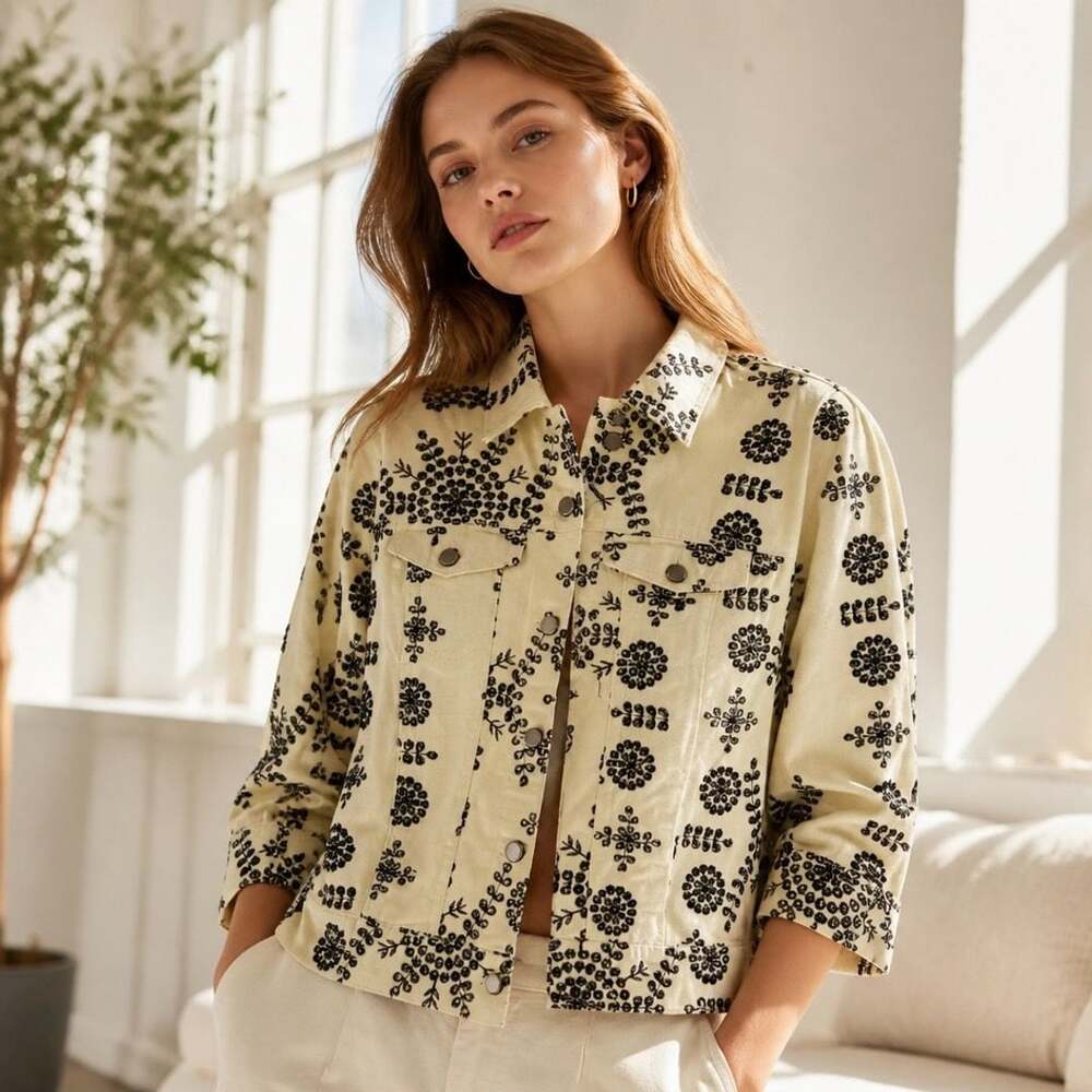 G By Giuliana Black Label Embroidered Denim Jacket Off White Size S